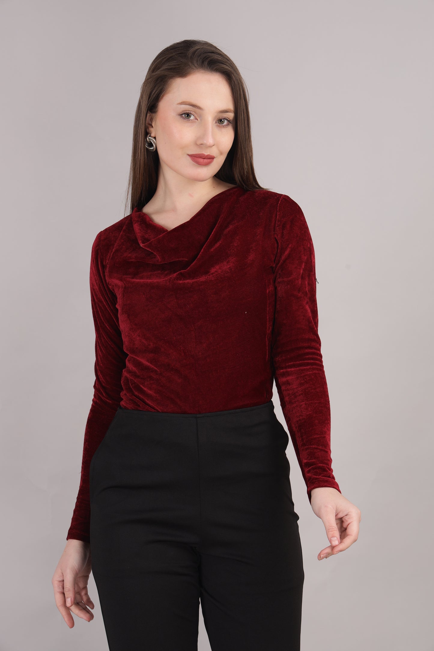 Maroon velvet Cowl Neck top