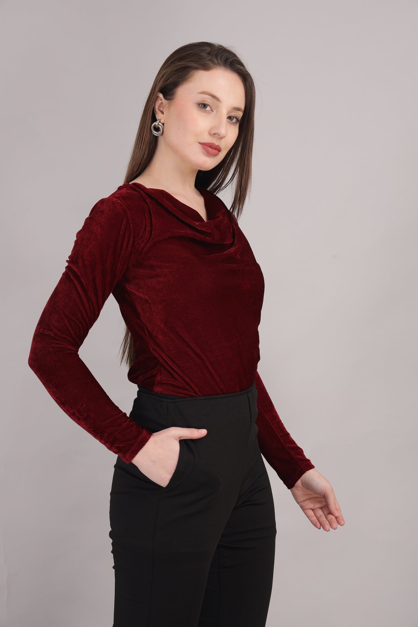 Maroon velvet Cowl Neck top