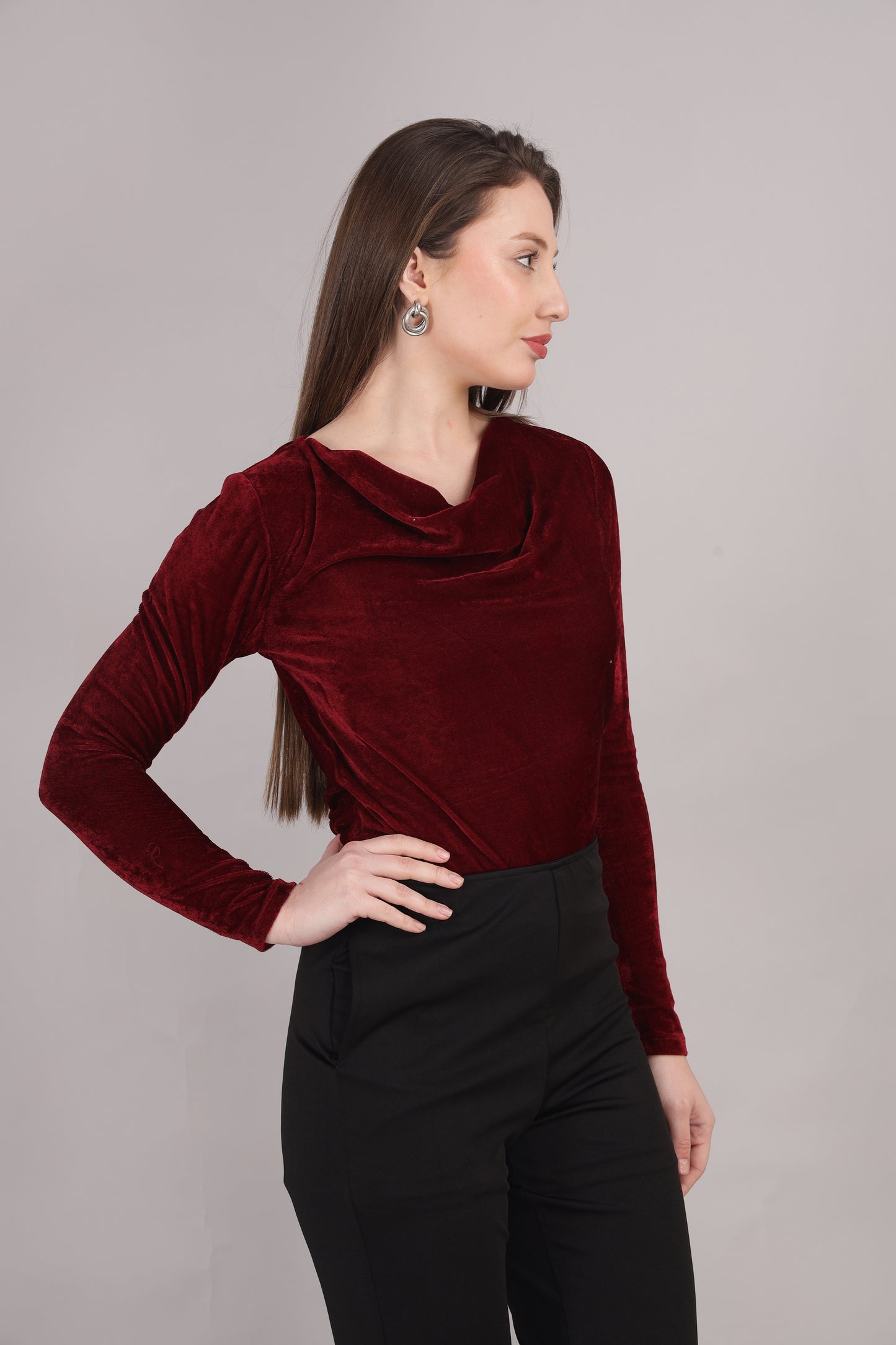 Maroon velvet Cowl Neck top