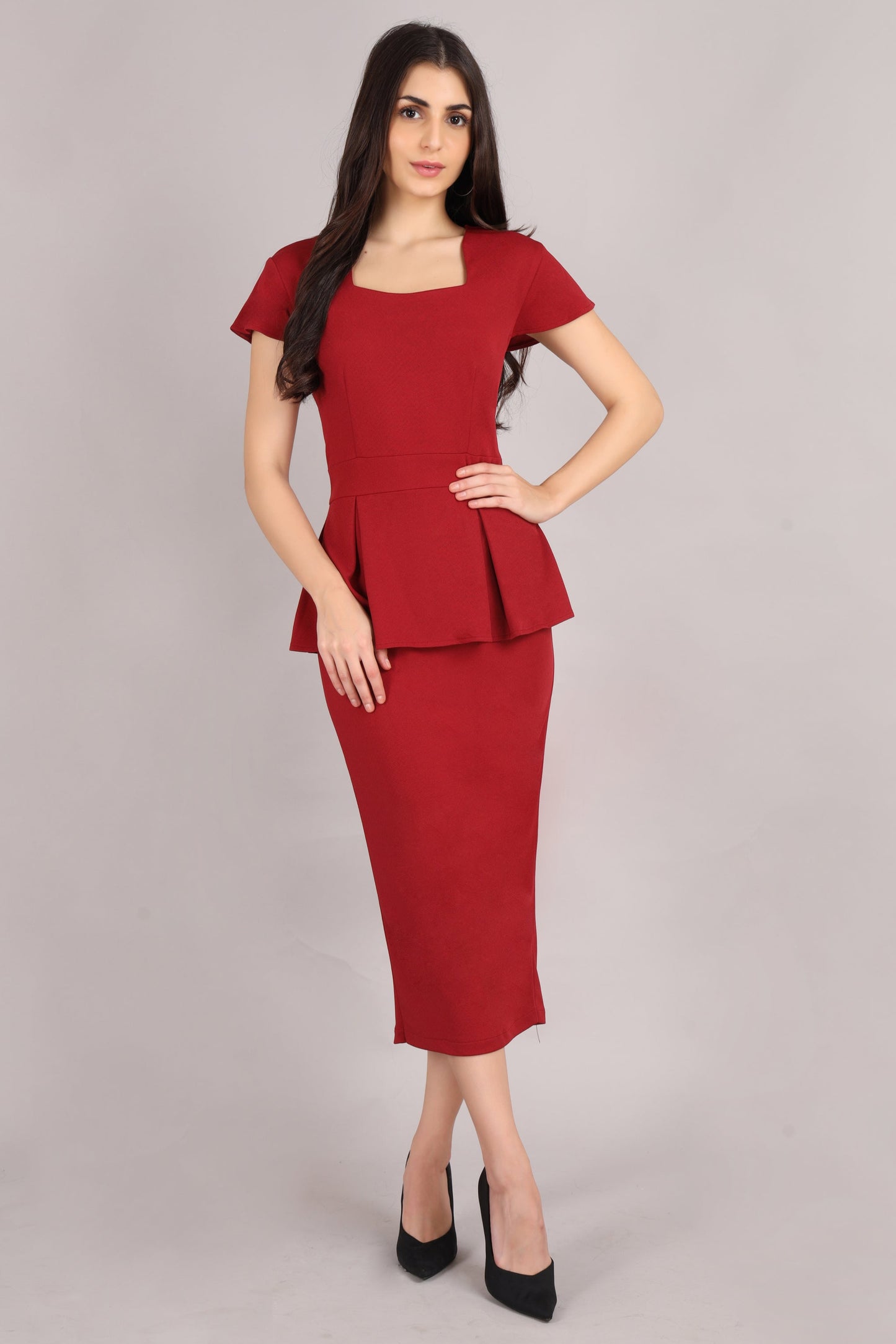 Maroon Peplum Office Dress
