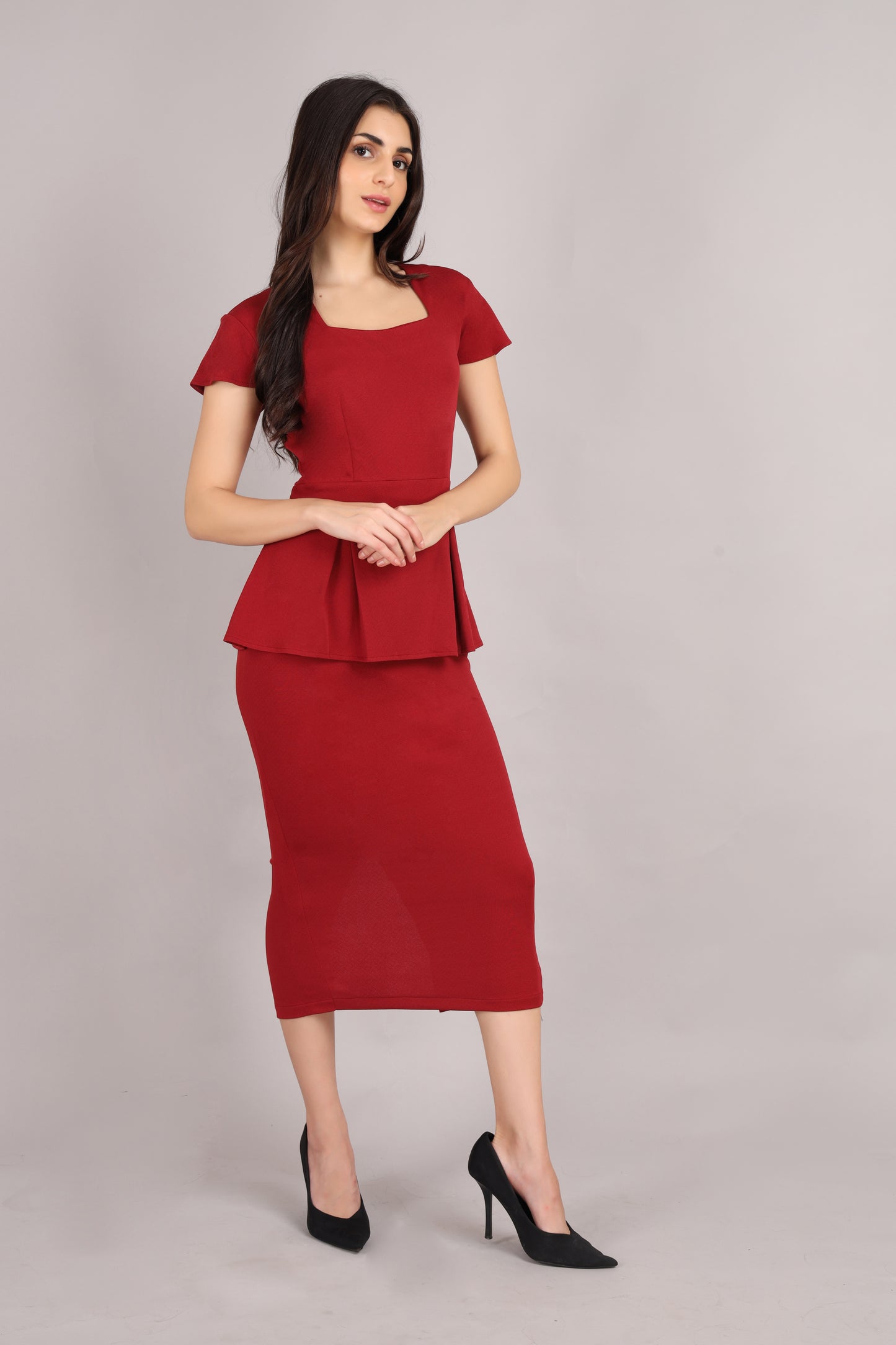 Maroon Peplum Office Dress