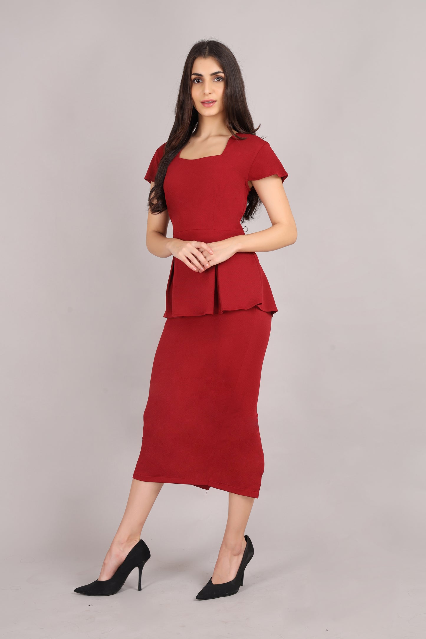Maroon Peplum Office Dress