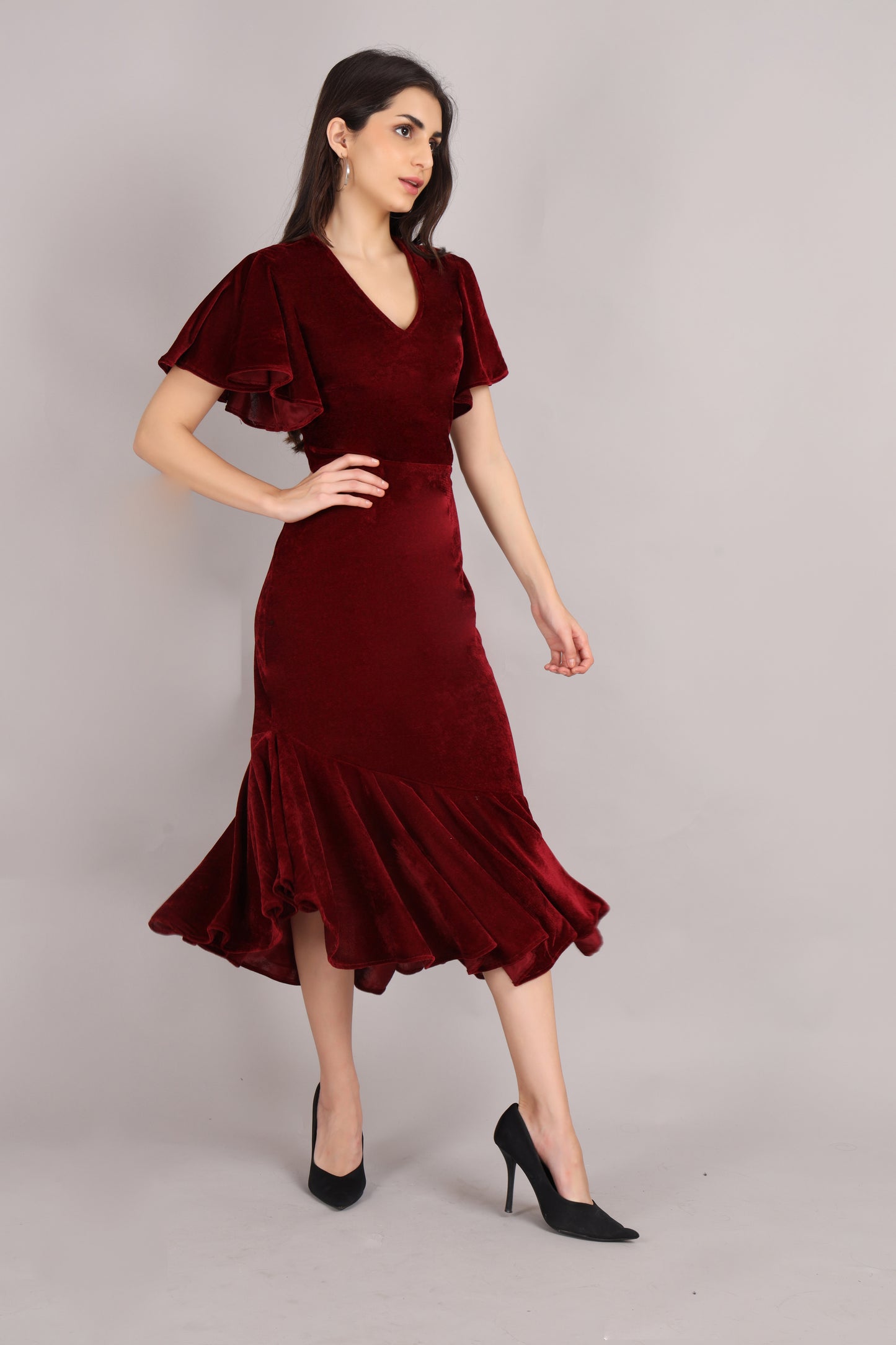 Maroon Velvet Flared Dress