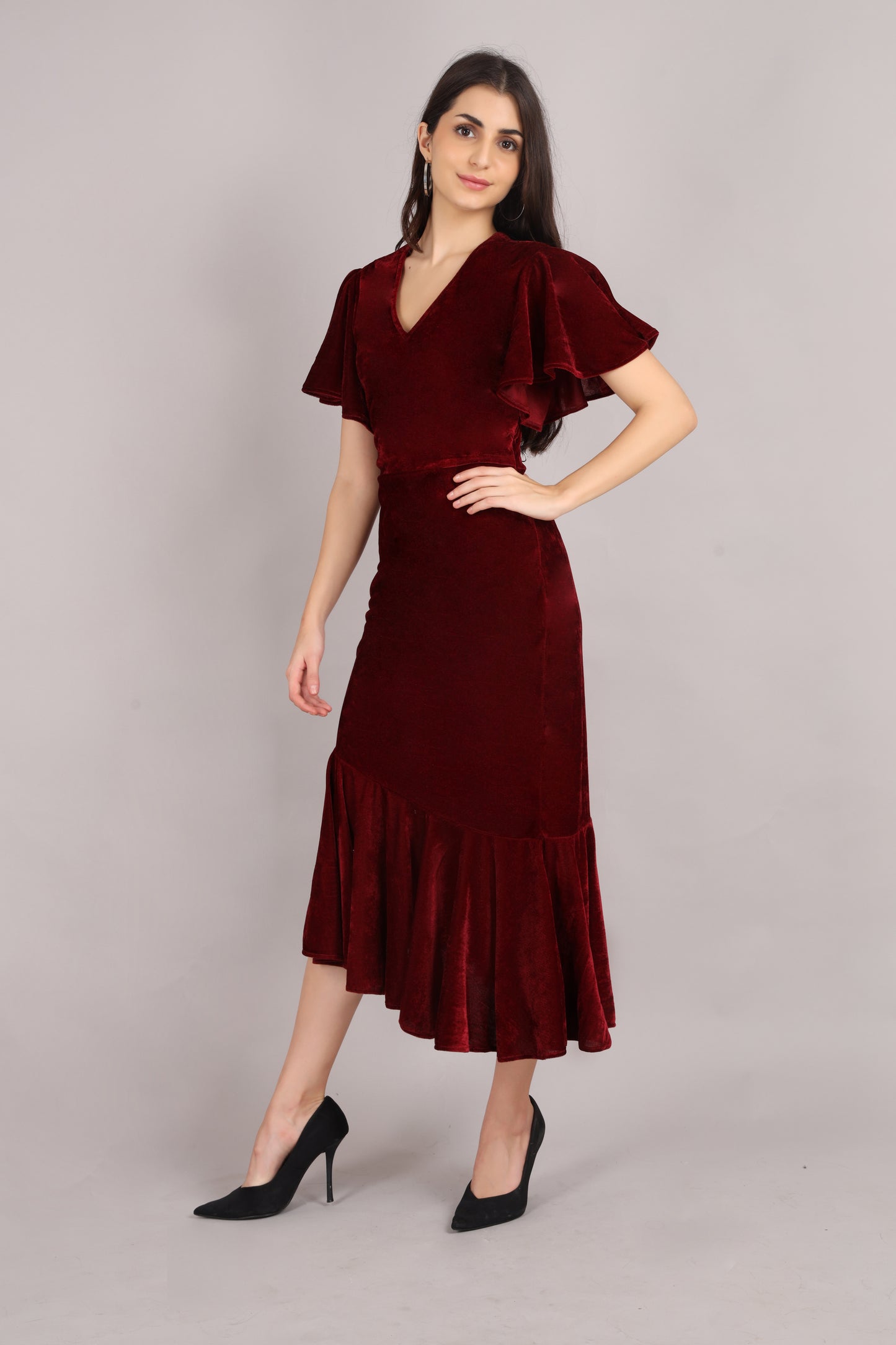 Maroon Velvet Flared Dress