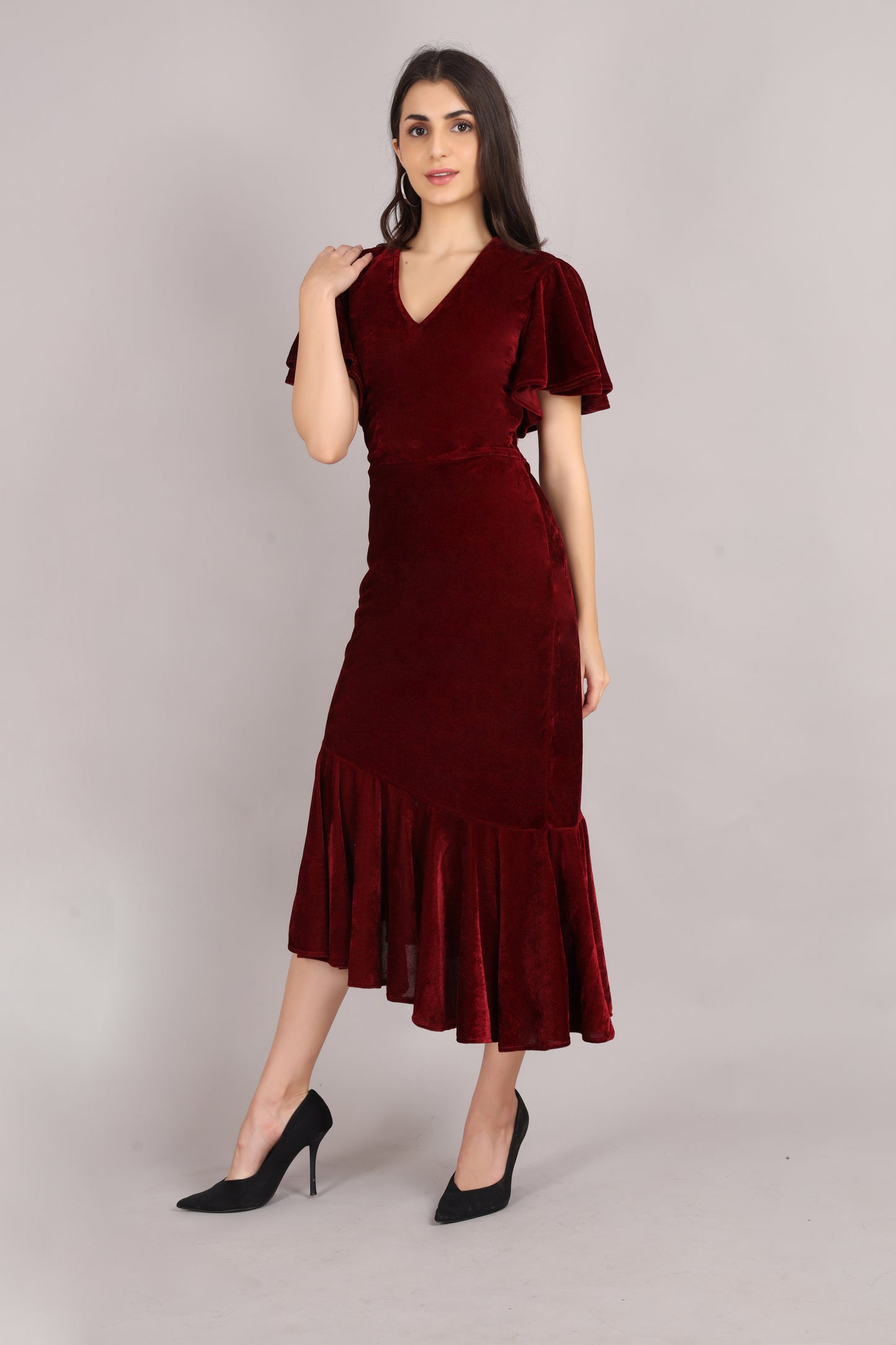 Maroon Velvet Flared Dress