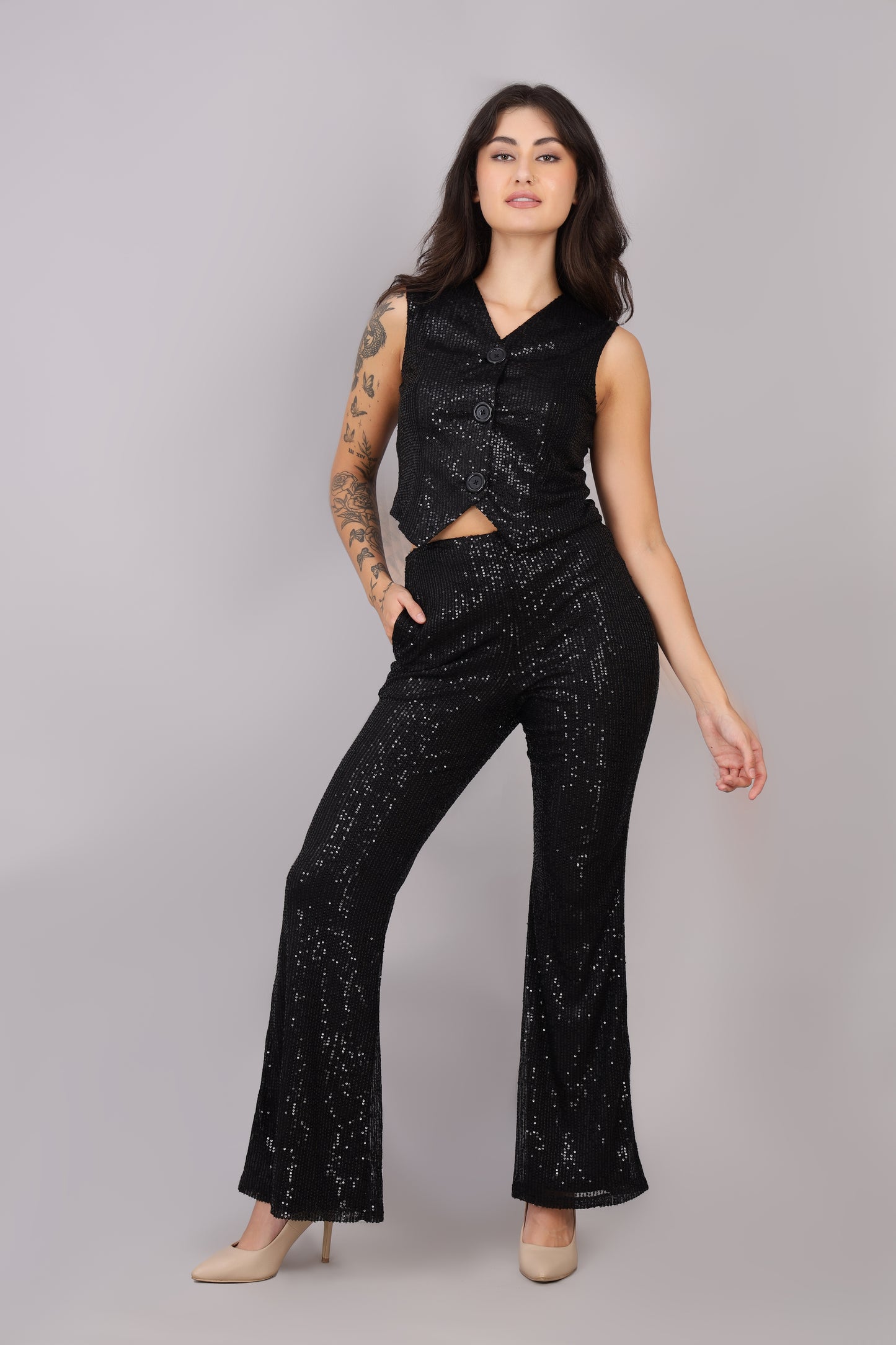Black Sequin Vest Top and Pant Set