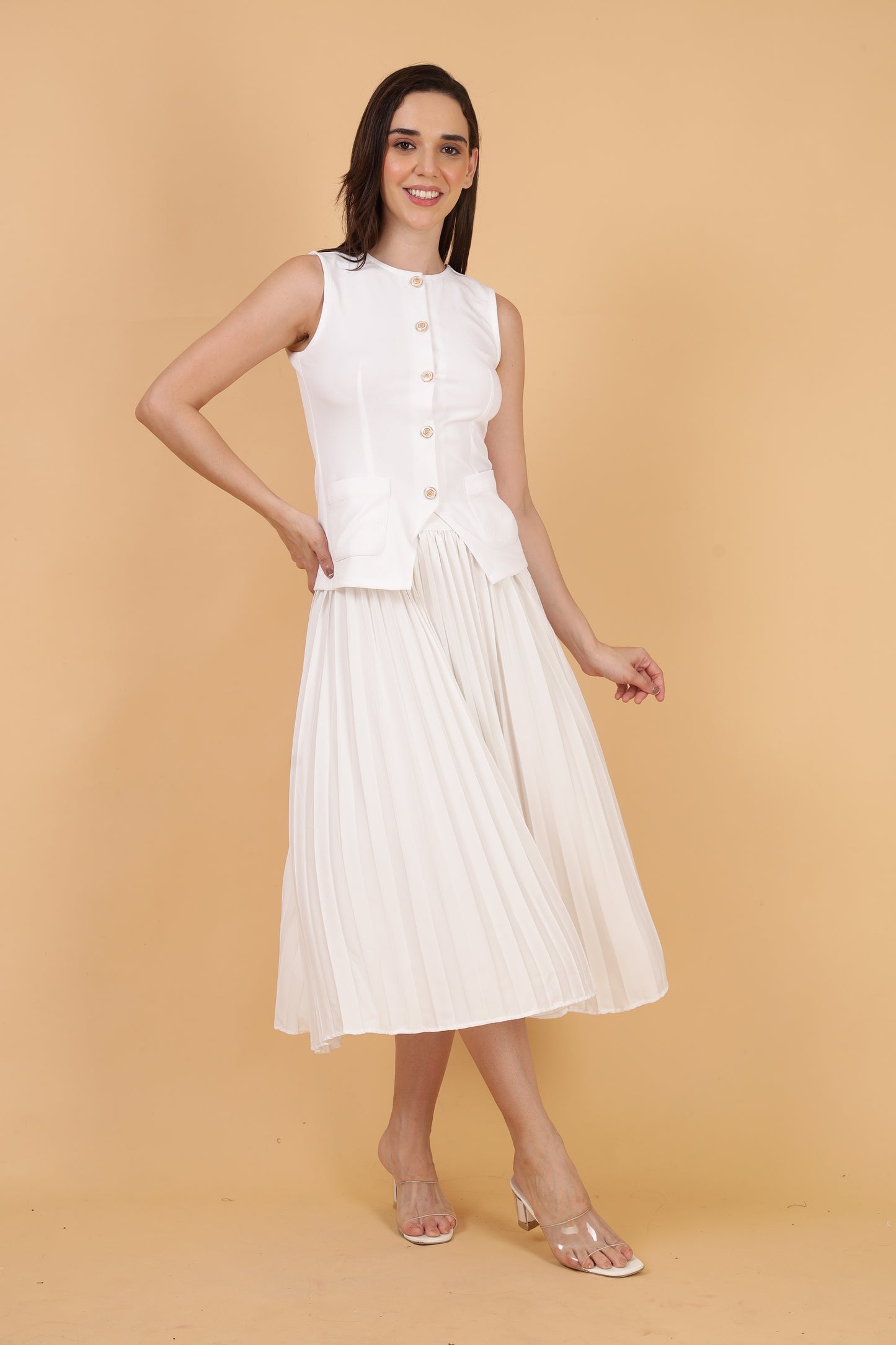 White Top and Pleated Skirt Co-ord Set