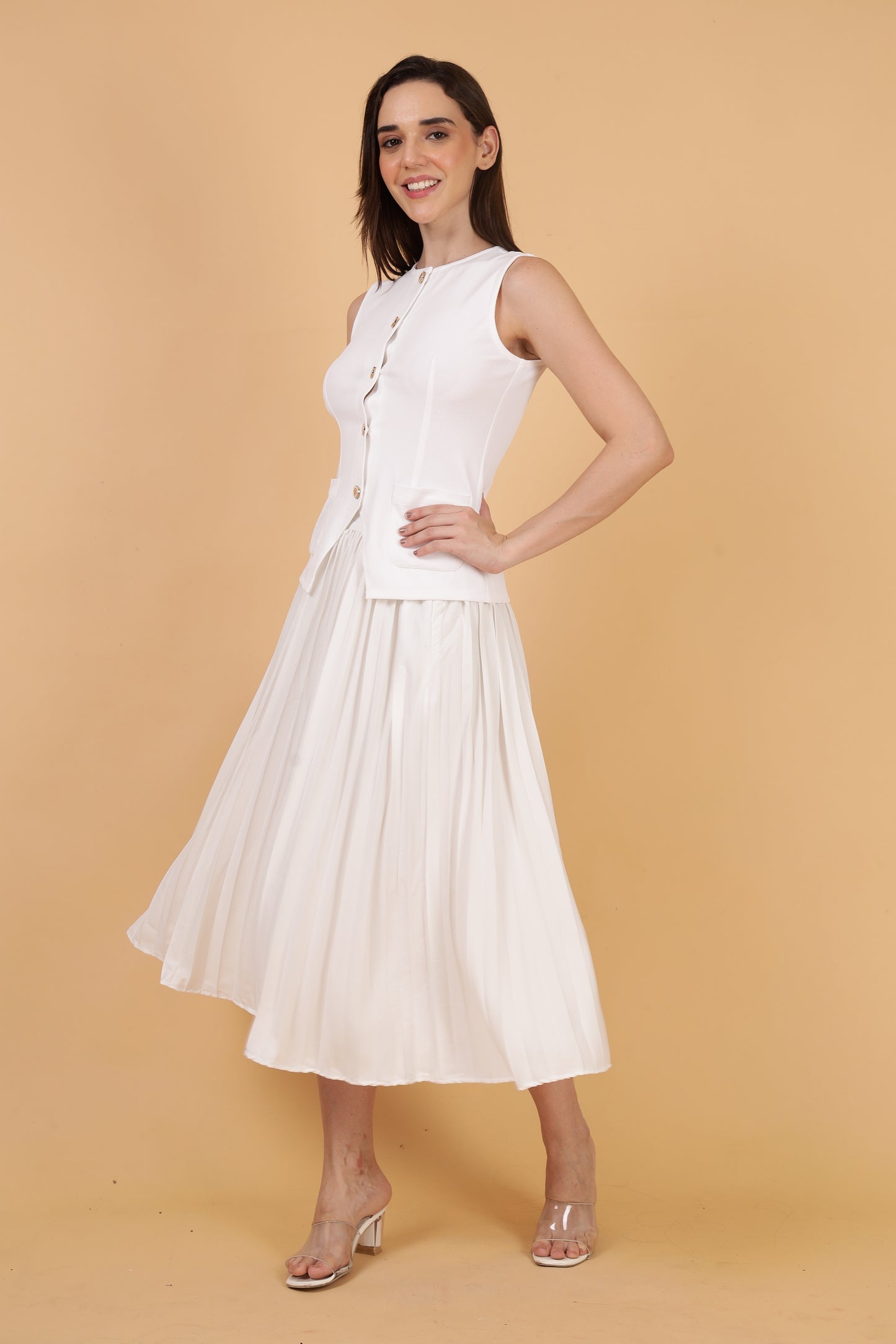 White Top and Pleated Skirt Co-ord Set