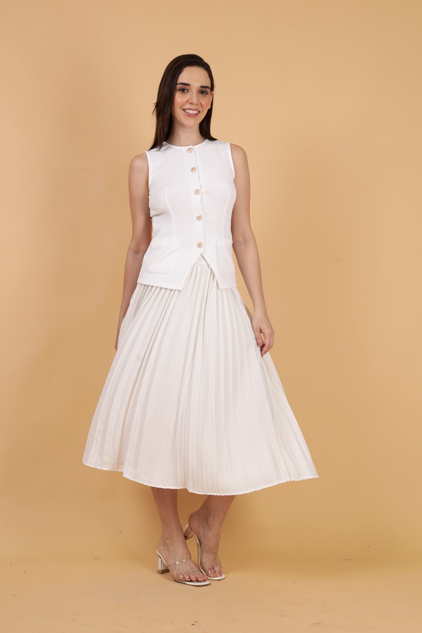 White Top and Pleated Skirt Co-ord Set