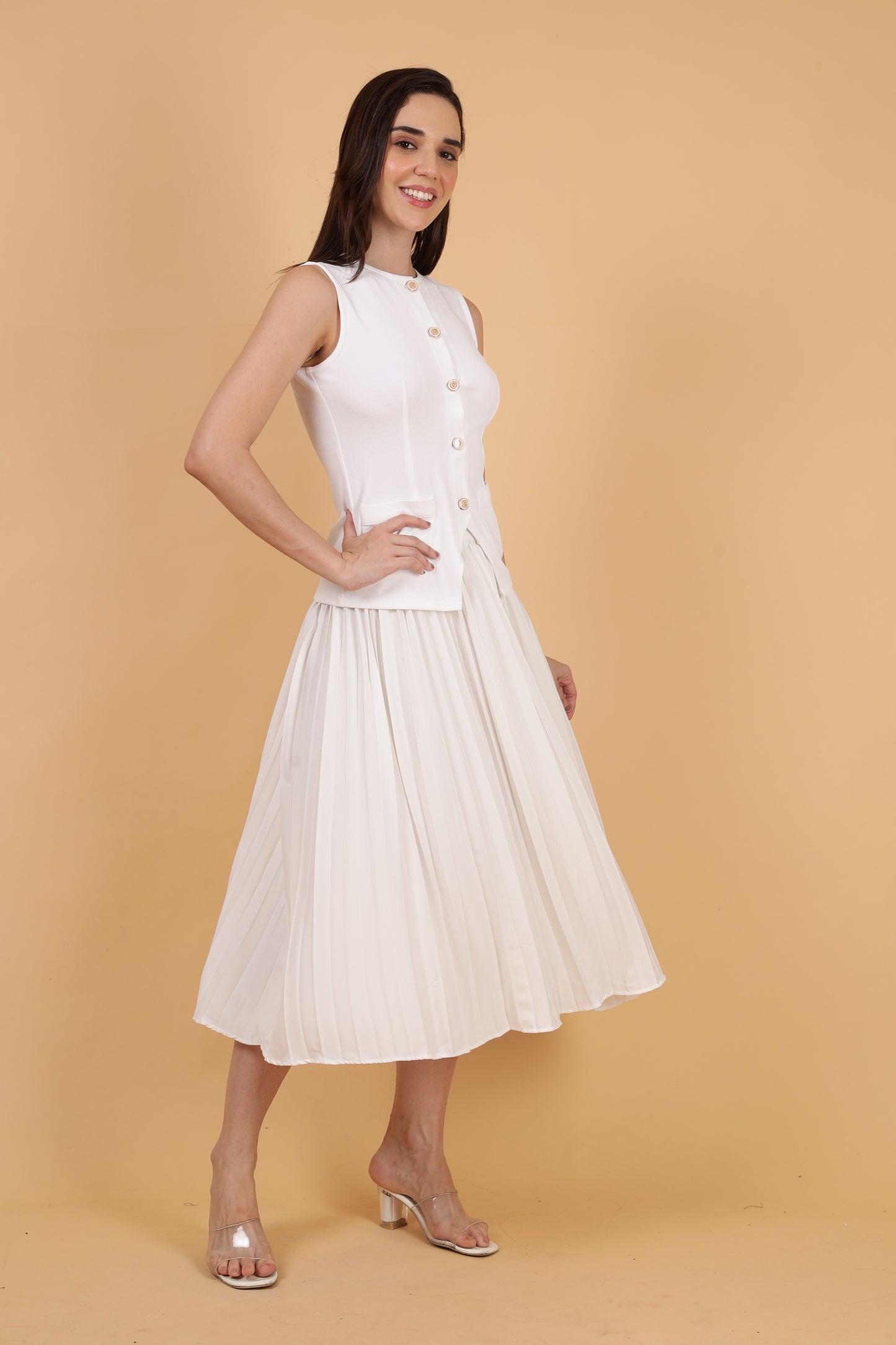 White Top and Pleated Skirt Co-ord Set