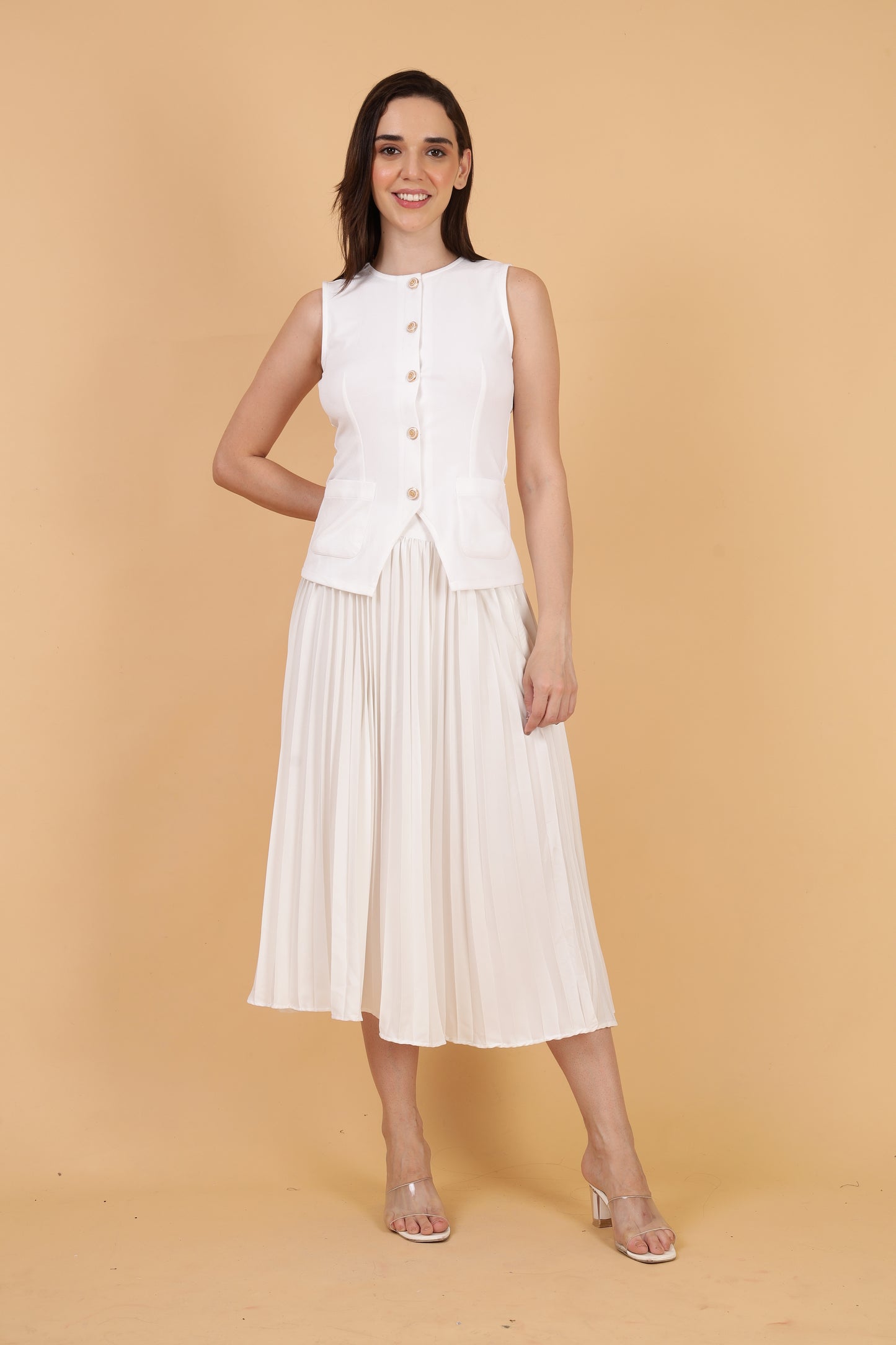 White Top and Pleated Skirt Co-ord Set