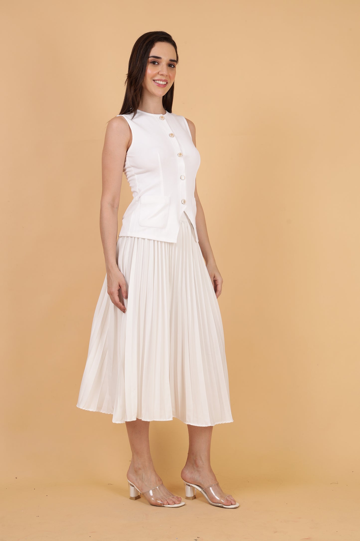 White Top and Pleated Skirt Co-ord Set