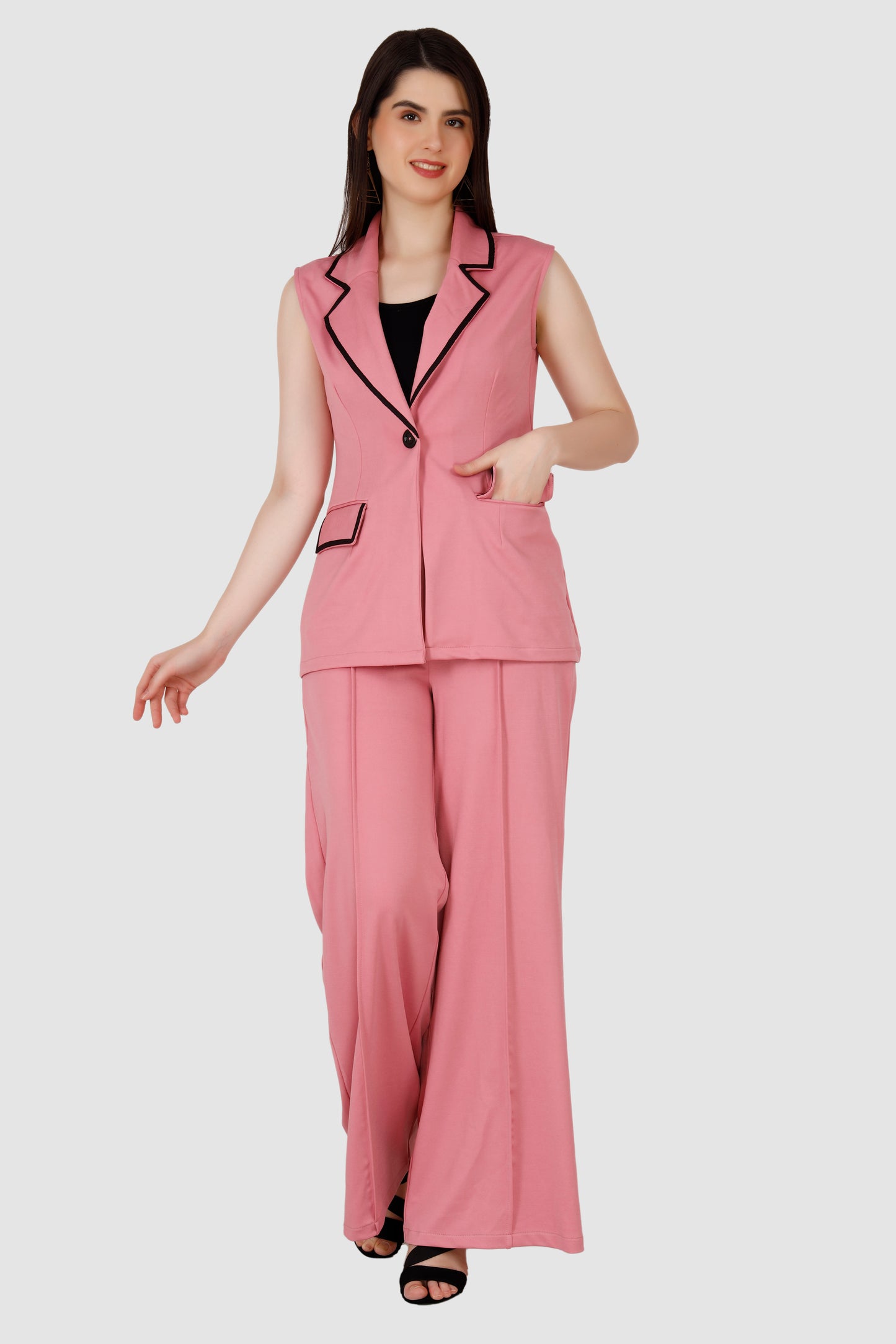 Pink Sleeveless blazer with Flared Pant