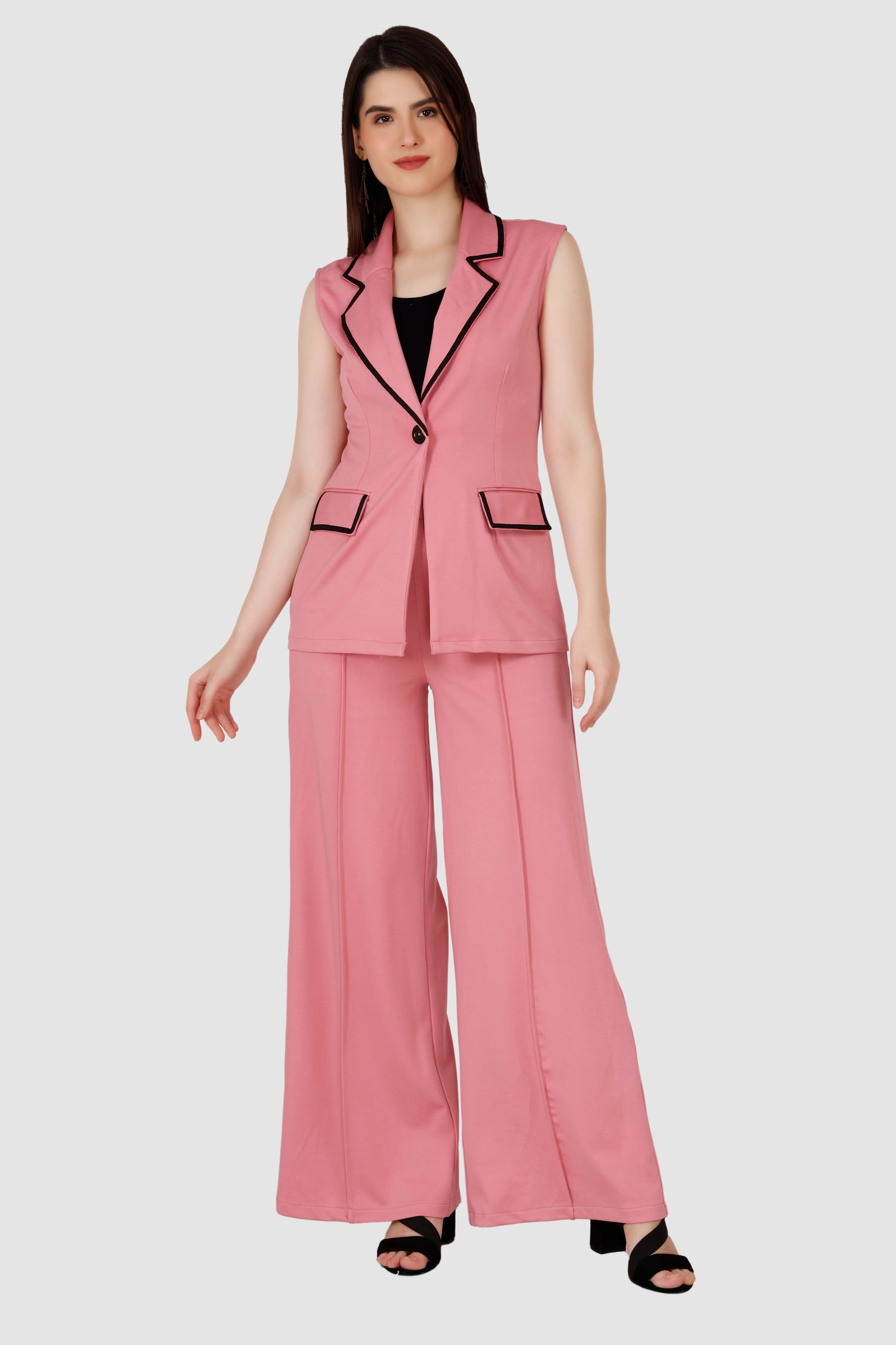 Pink Sleeveless blazer with Flared Pant