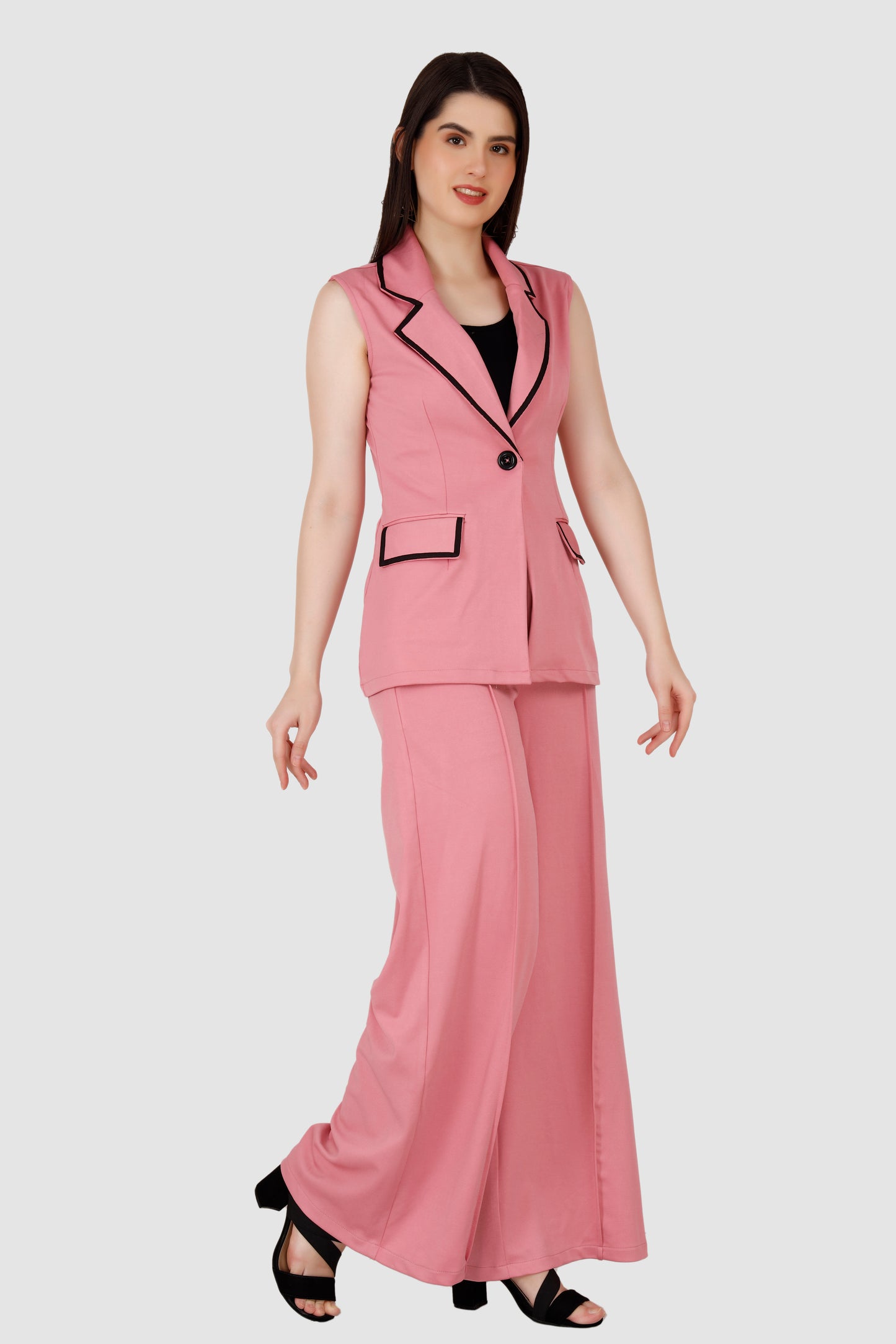 Pink Sleeveless blazer with Flared Pant