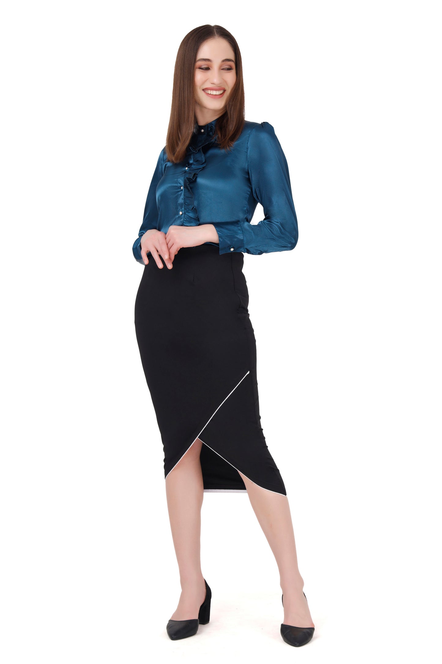 Blue Frill Shirt and Pencil Skirt Set