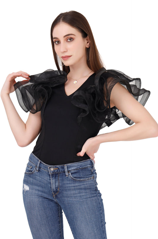 Black Flared Sleeve Organza Top