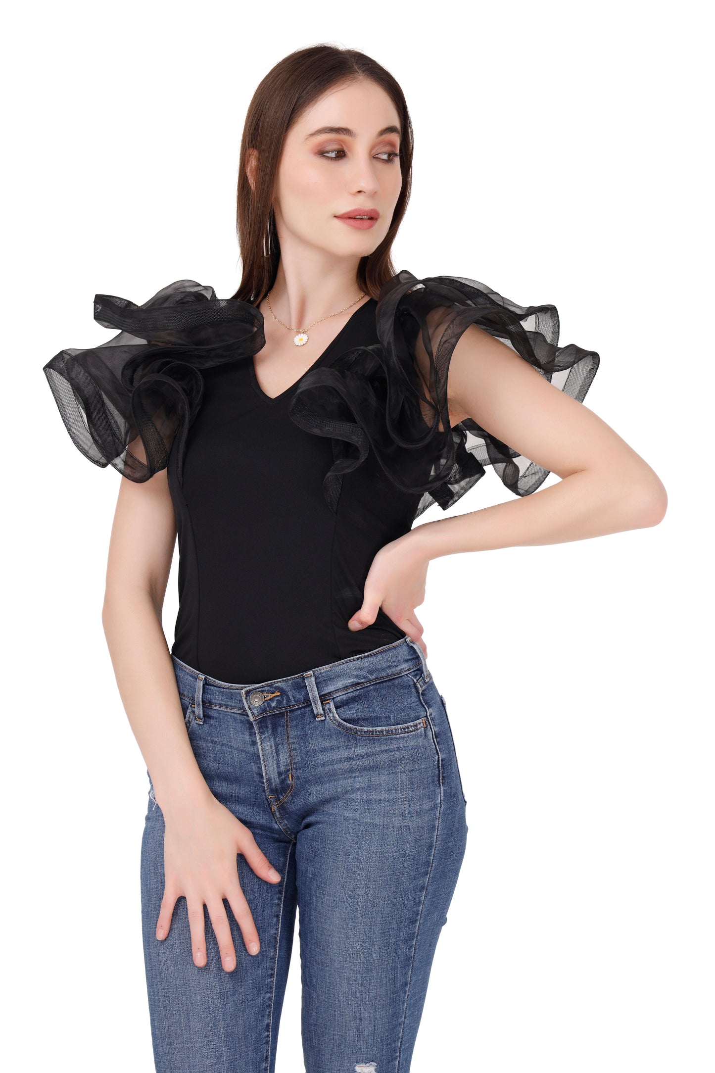 Black Flared Sleeve Organza Top