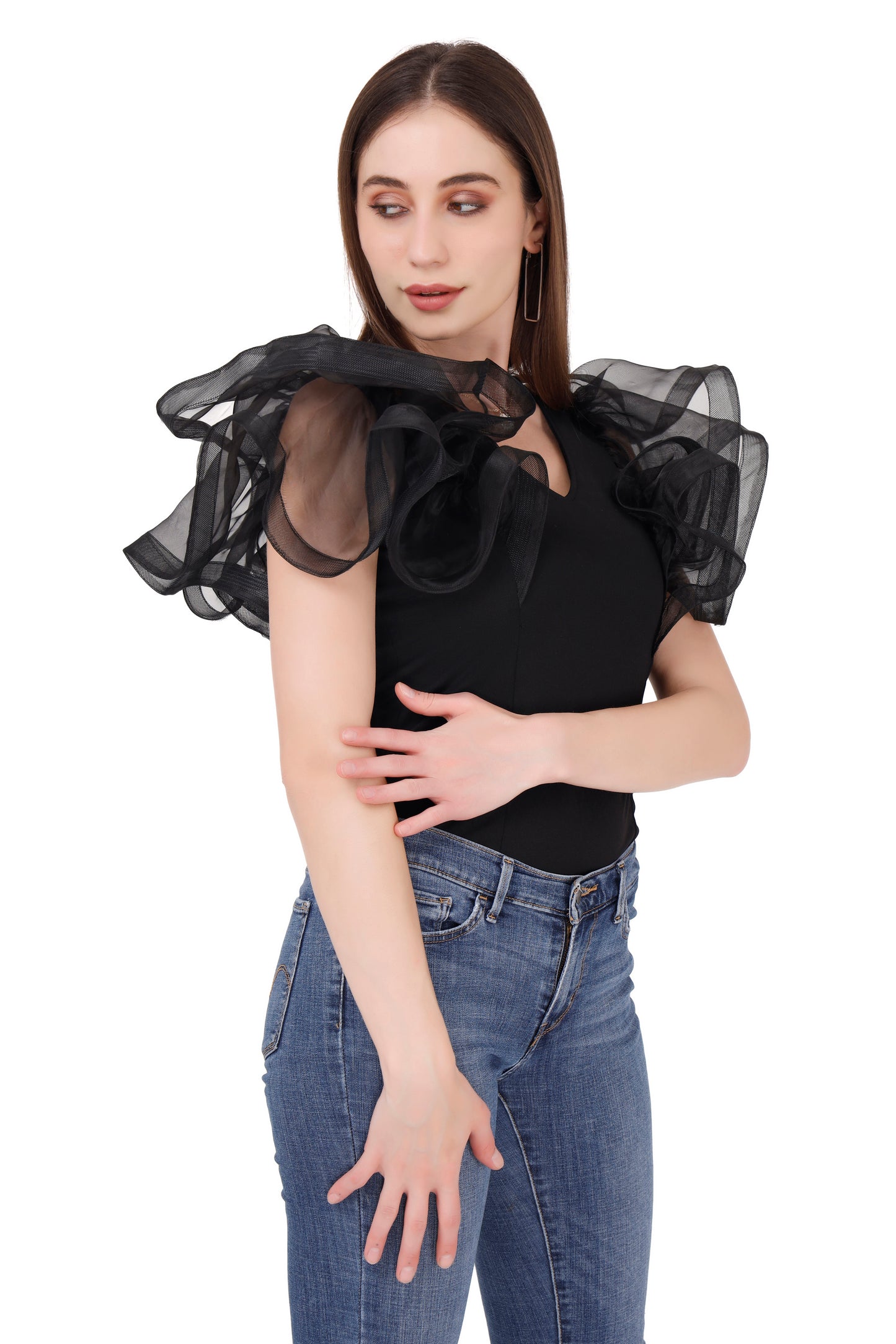 Black Flared Sleeve Organza Top
