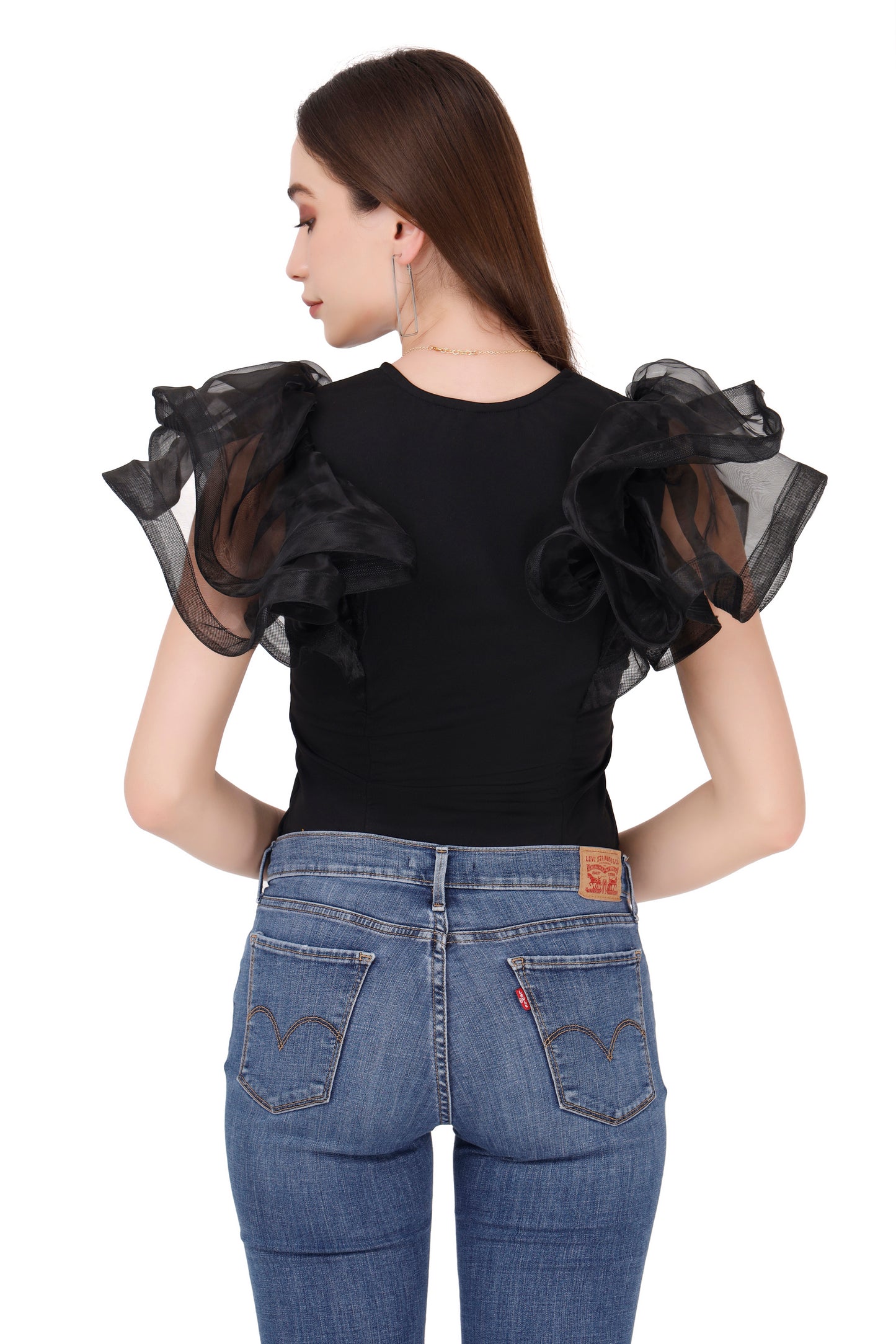Black Flared Sleeve Organza Top
