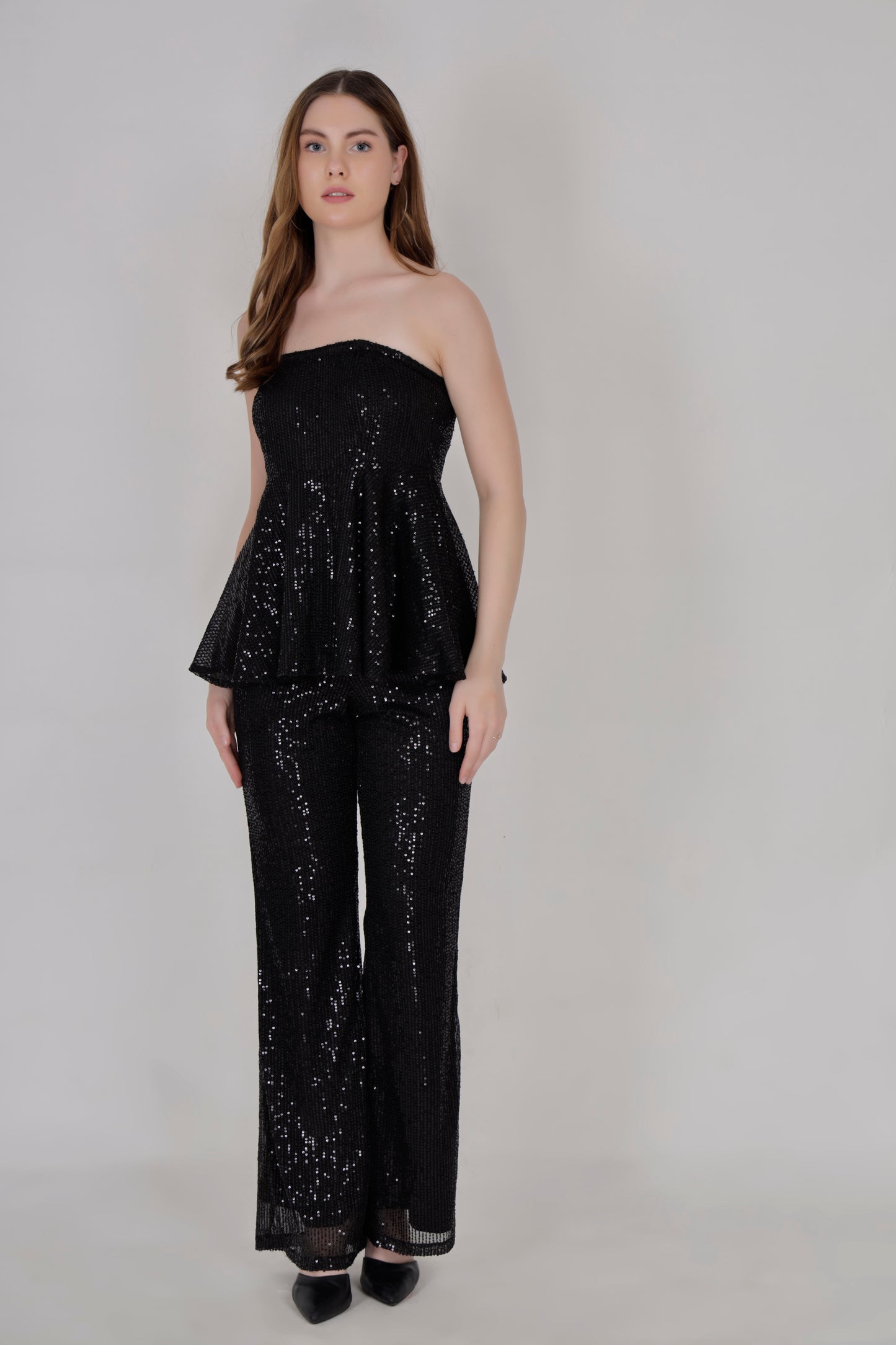 Black sequin flared top & bell bottom pants set