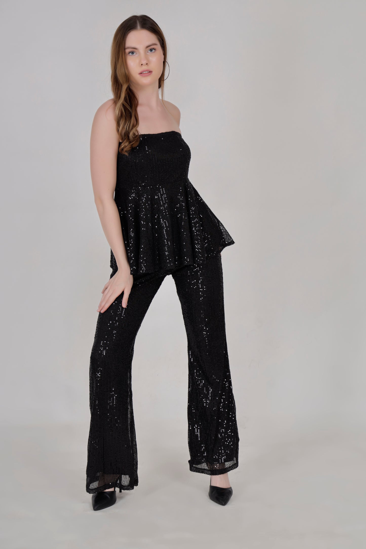 Black sequin flared top & bell bottom pants set