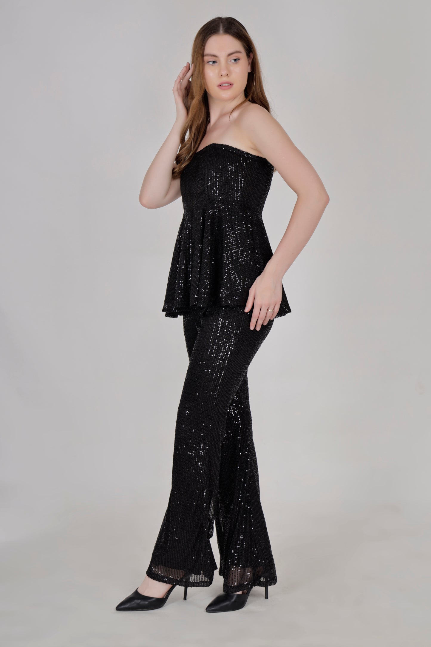 Black sequin flared top & bell bottom pants set