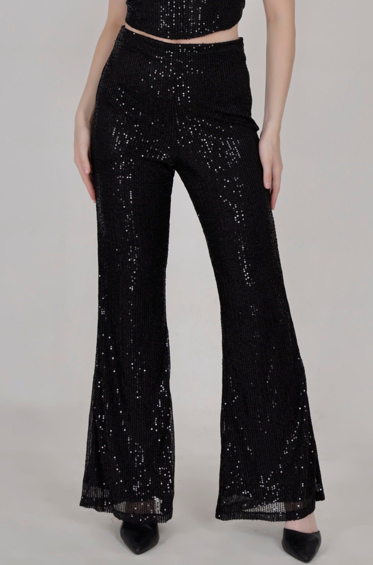 Black Sequin Flared bell bottom pants - Main Image
