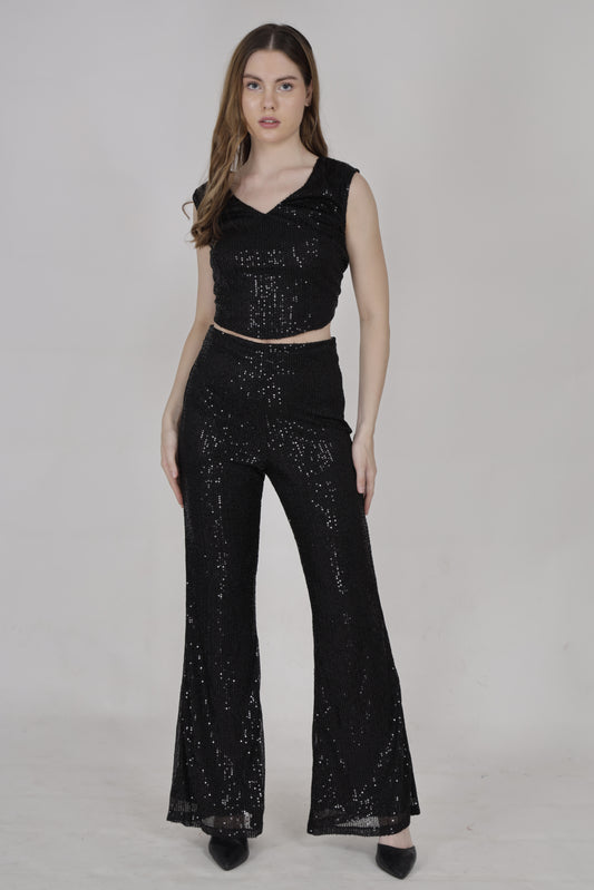 Black sequin Cut sleeves top Flared bell bottom pants set
