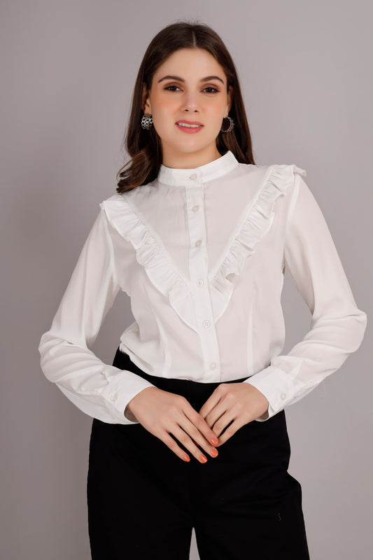 White V neck Frill Shirt