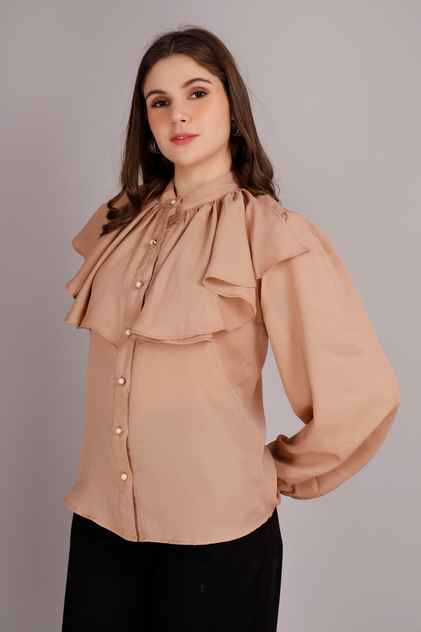 Beige Neck Frill Shirt