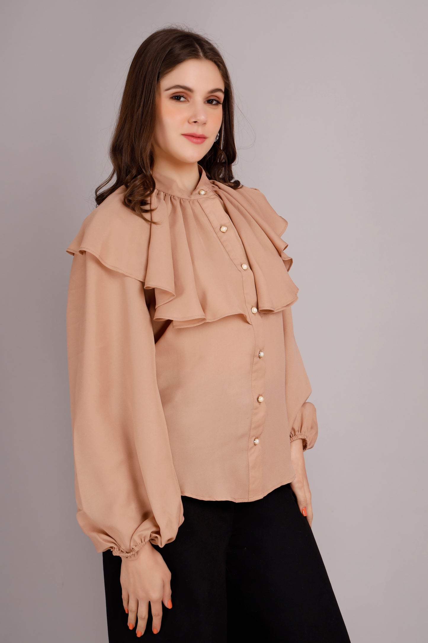 Beige Neck Frill Shirt