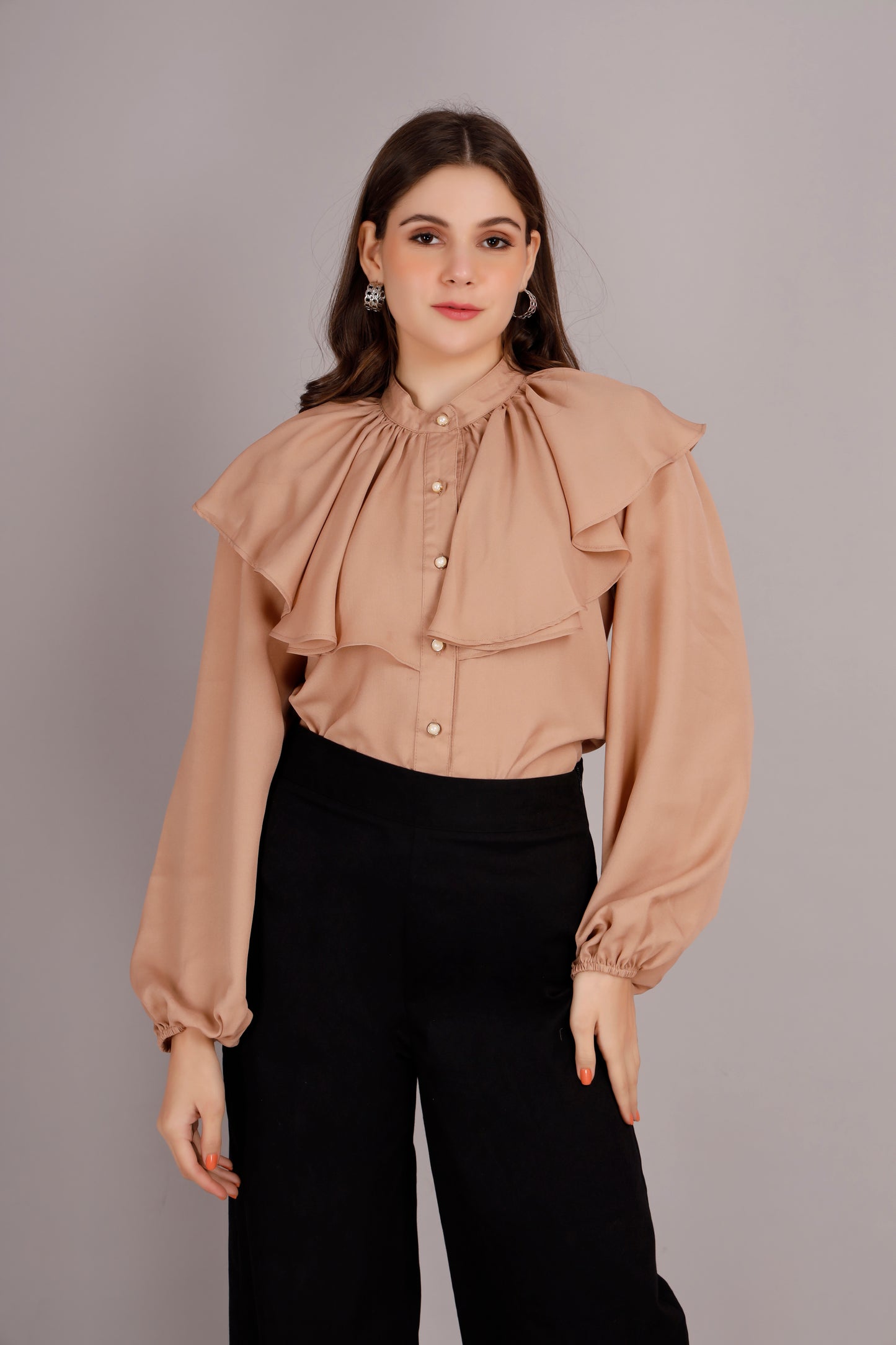 Beige Neck Frill Shirt