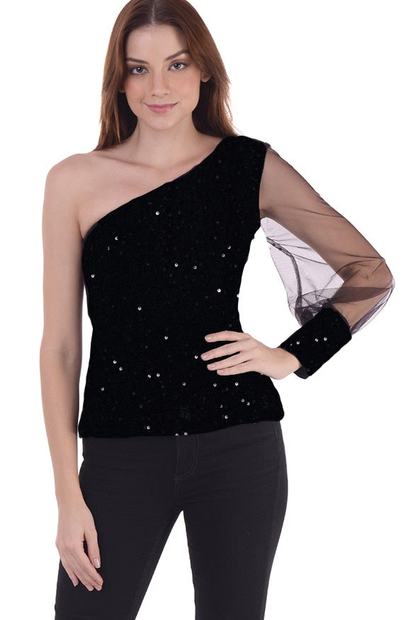 One-shoulder sequin top