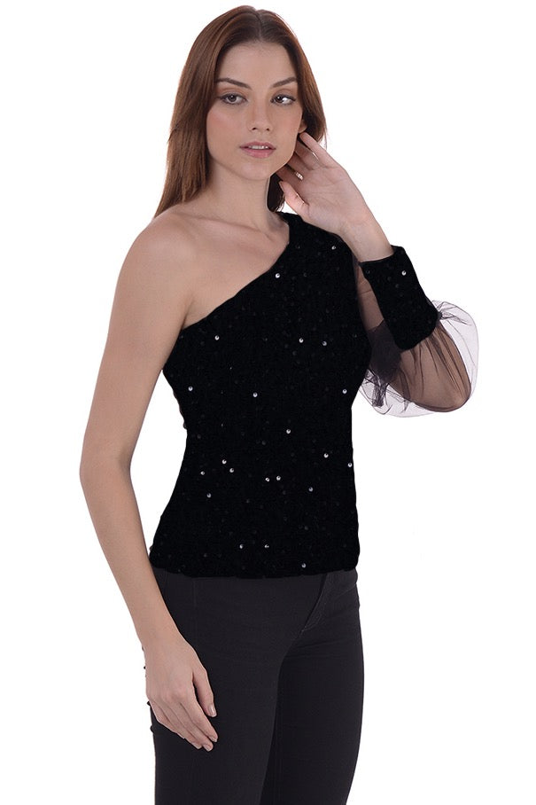 One shoulder sequin top