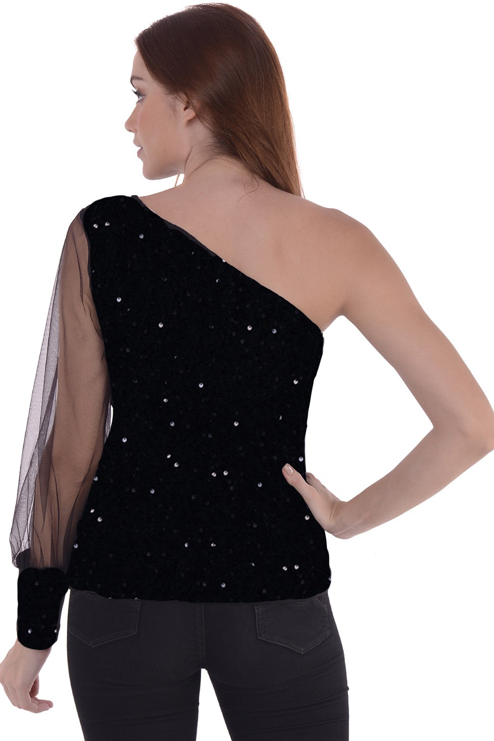 One shoulder sequin top