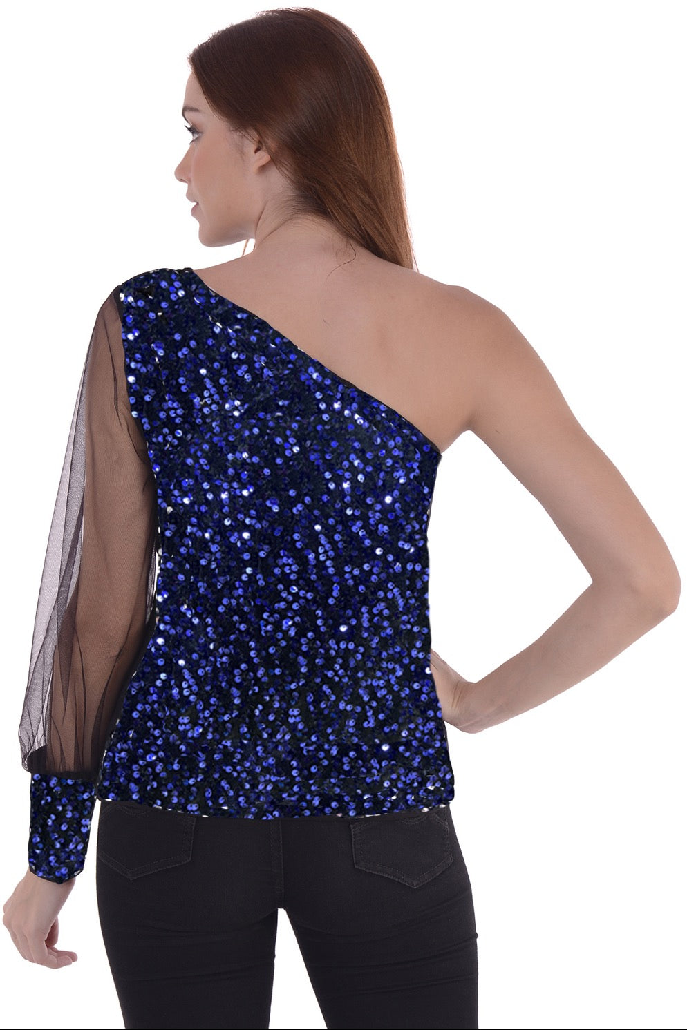 One shoulder sequin top