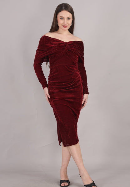 Maroon Velvet Off Shoulder dress