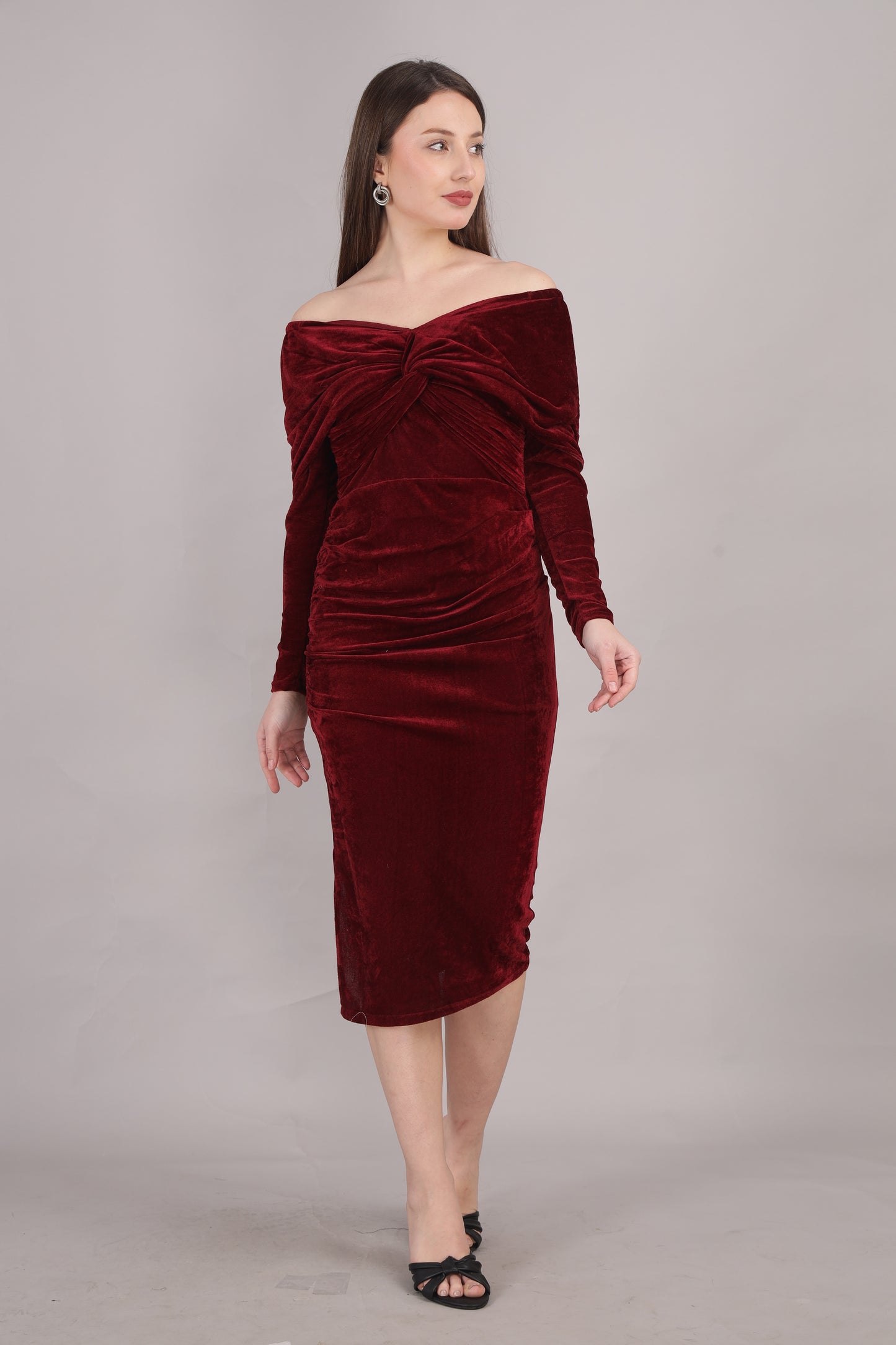 Maroon Velvet Off Shoulder dress