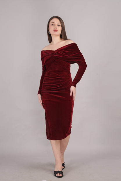 Maroon Velvet Off Shoulder dress