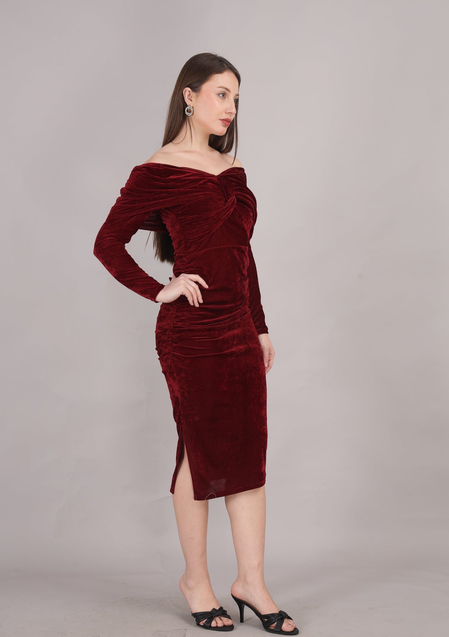 Maroon Velvet Off Shoulder dress