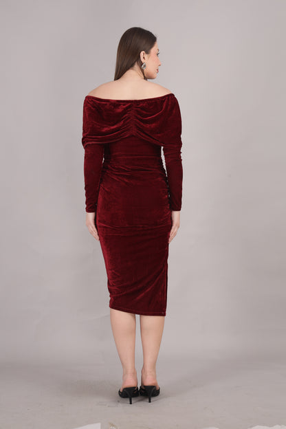 Maroon Velvet Off Shoulder dress