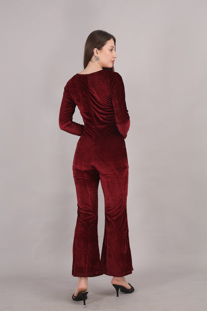 Maroon Velvet Square Neck Jumpsuit