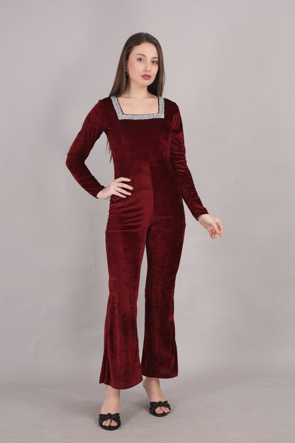 Maroon Velvet Square Neck Jumpsuit