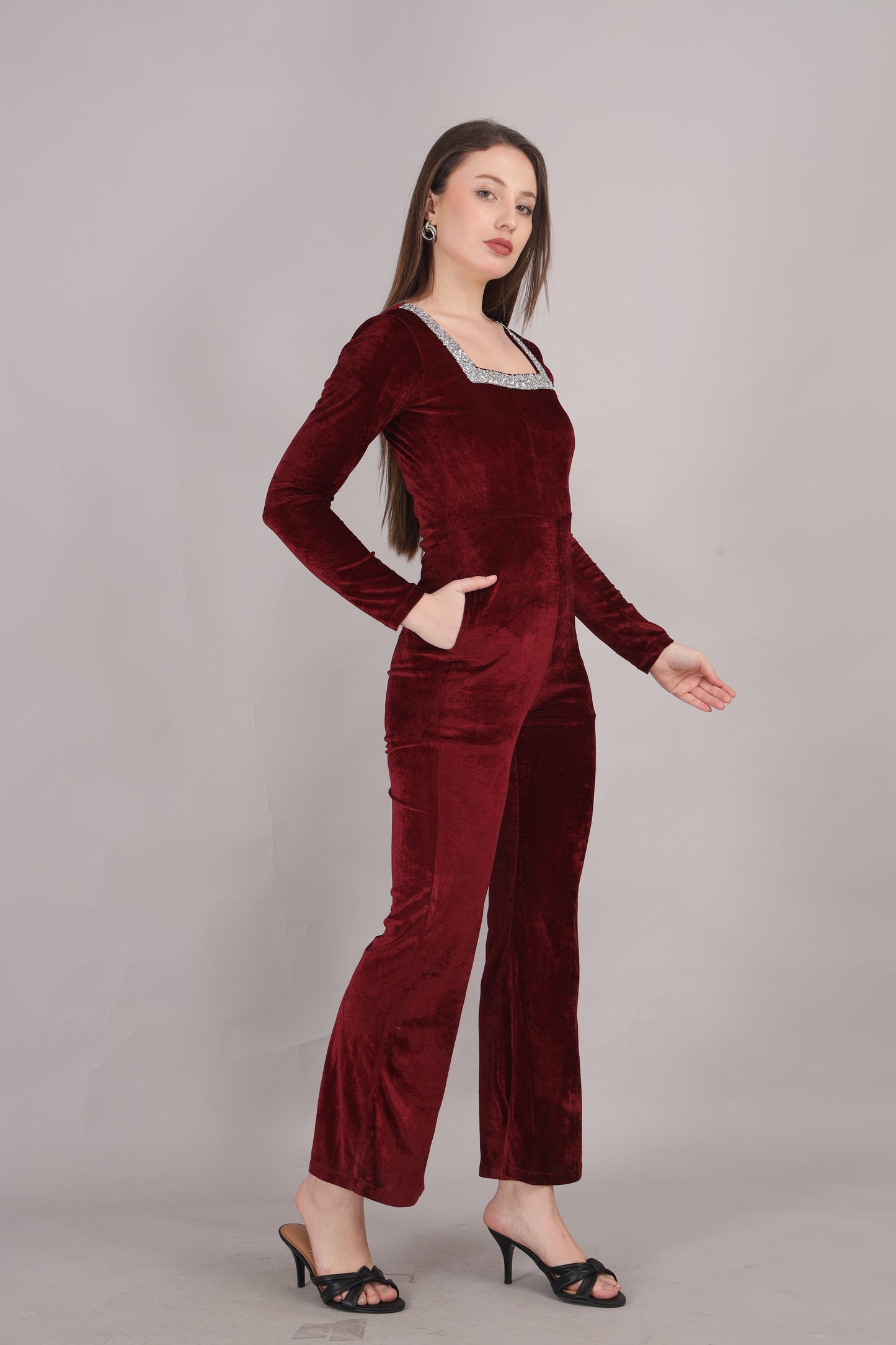 Maroon Velvet Square Neck Jumpsuit