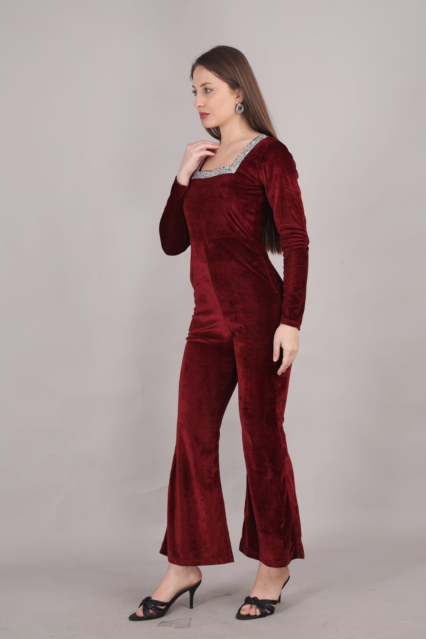 Maroon Velvet Square Neck Jumpsuit