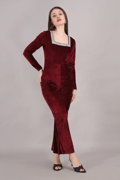 Maroon Velvet Square Neck Jumpsuit