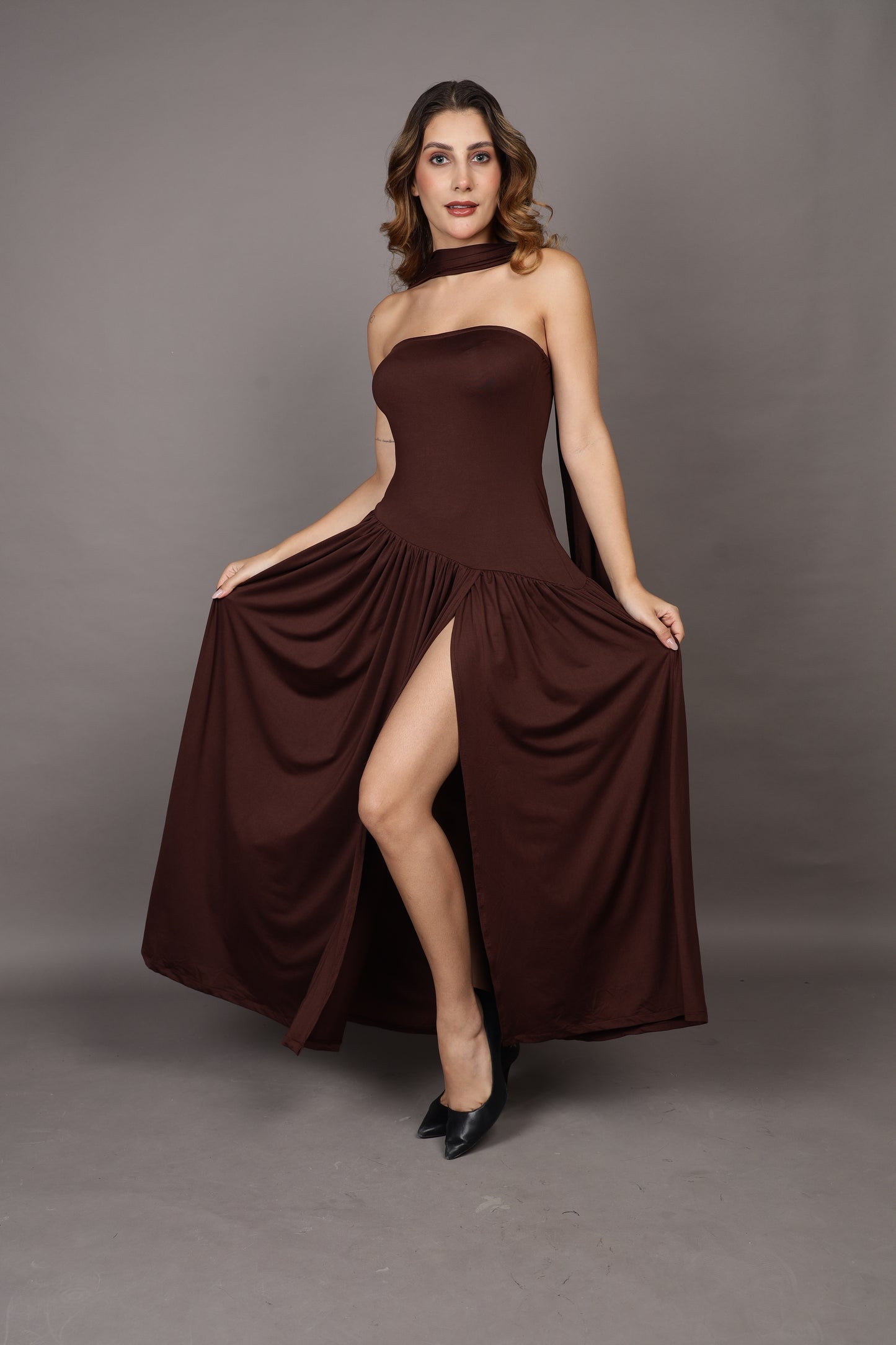 Brown Maxi flared dress with stole