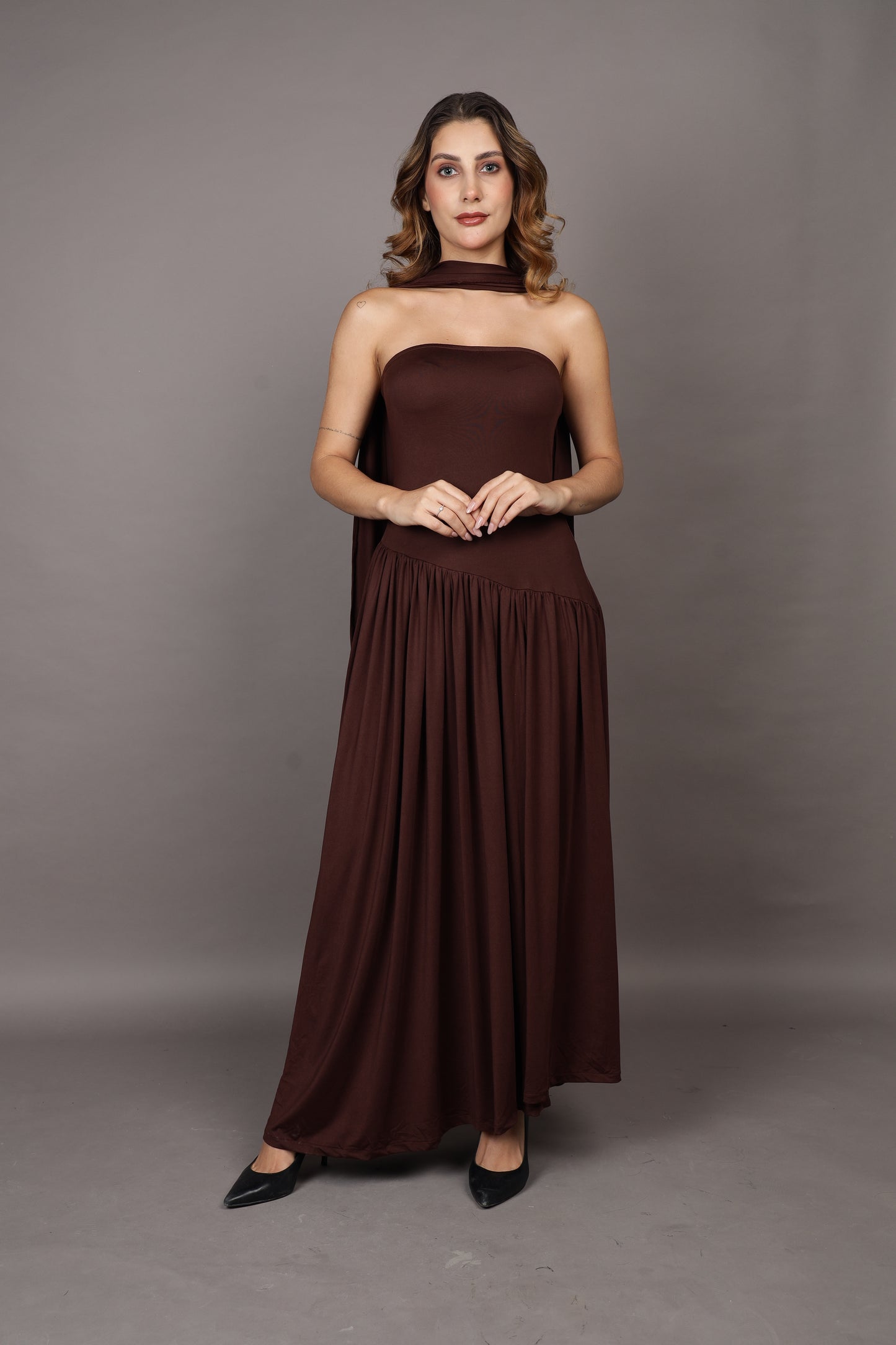 Brown Maxi flared dress with stole