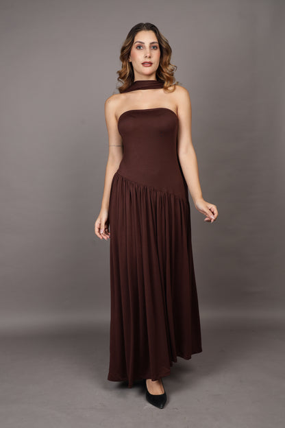 Brown Maxi flared dress with stole